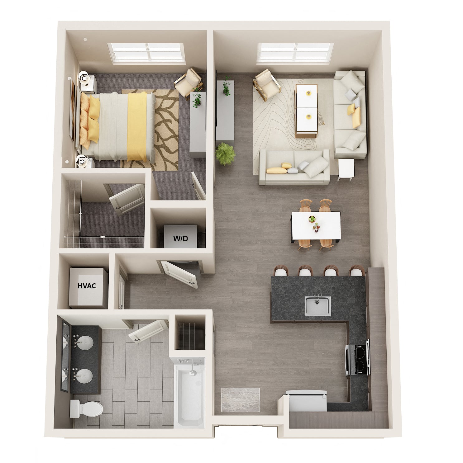 Floor plan for 1 bed, 1 bath, 749 sqft